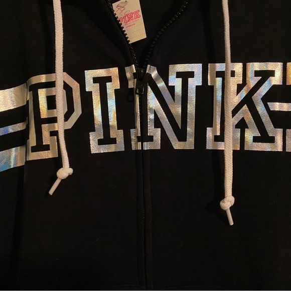 New PINK Brand zippered hoodie with pockets.Black w/silver lettering. Large - Picture 2 of 8